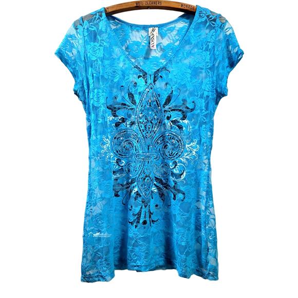 Ransom Sheer Netting Top with Fleur de Lis Design Blue Size Large Short Sleeve - Picture 1 of 5